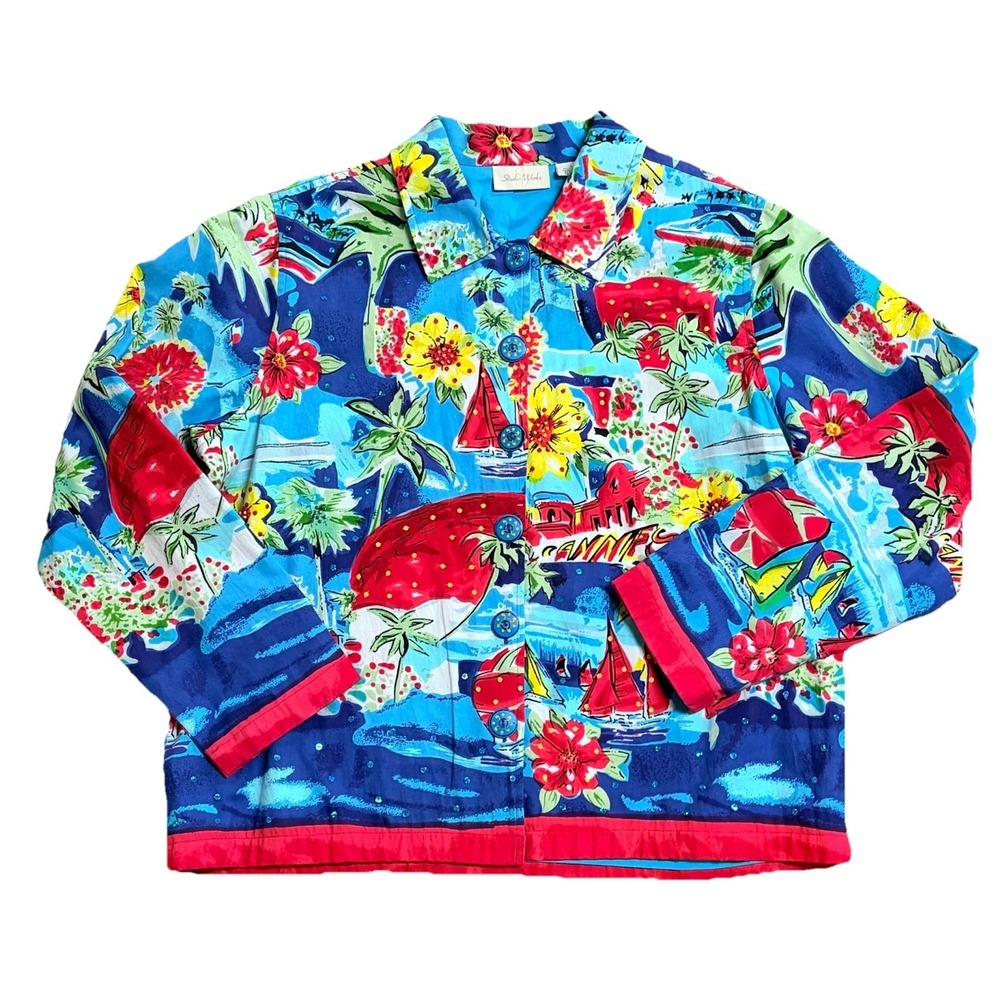 Womens L Tropical Jacket Coastal Travel Resortwear Floral Vibrant 100% Cotton